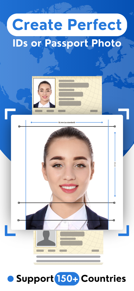 Interface of the Passport Photo Maker app showing a professional ID photo creation with US standard sizing and support for 150 countries