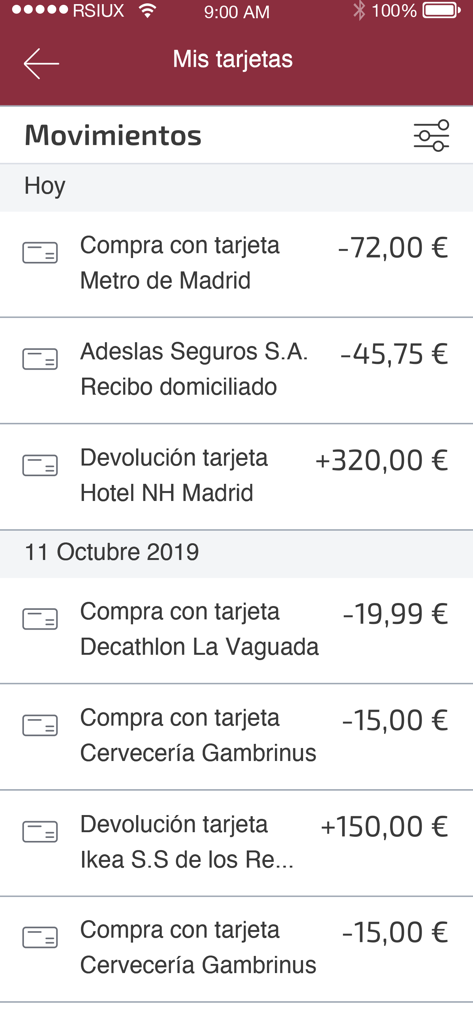 Renta 4 Pay - Pantalla de la aplicación móvil Renta 4 Pay mostrando una lista de transacciones recientes de la tarjeta e historial de gastos