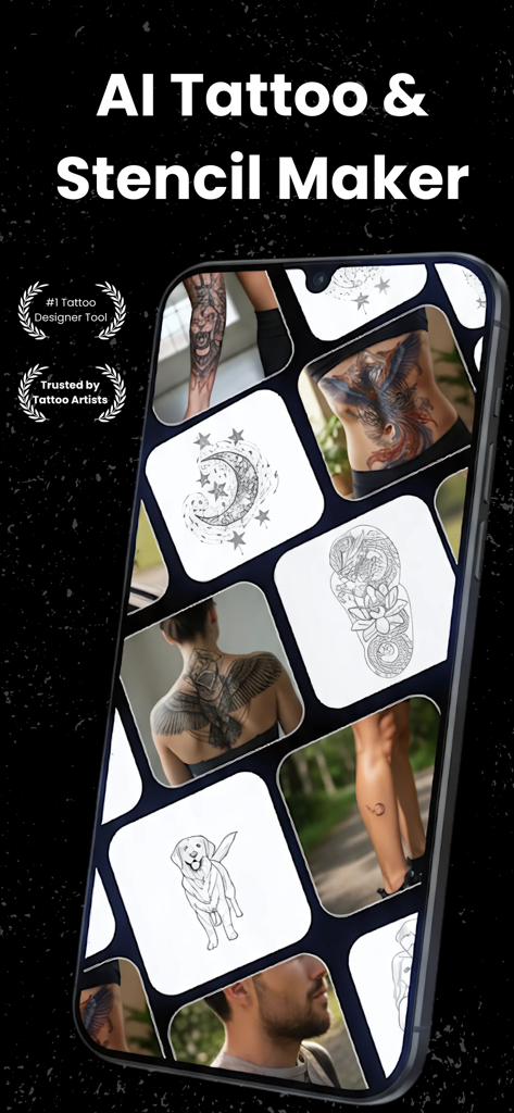 Stencify: Tattoo Stencil Maker - Stencify mobile app interface showing AI tattoo designs and virtual try on features
