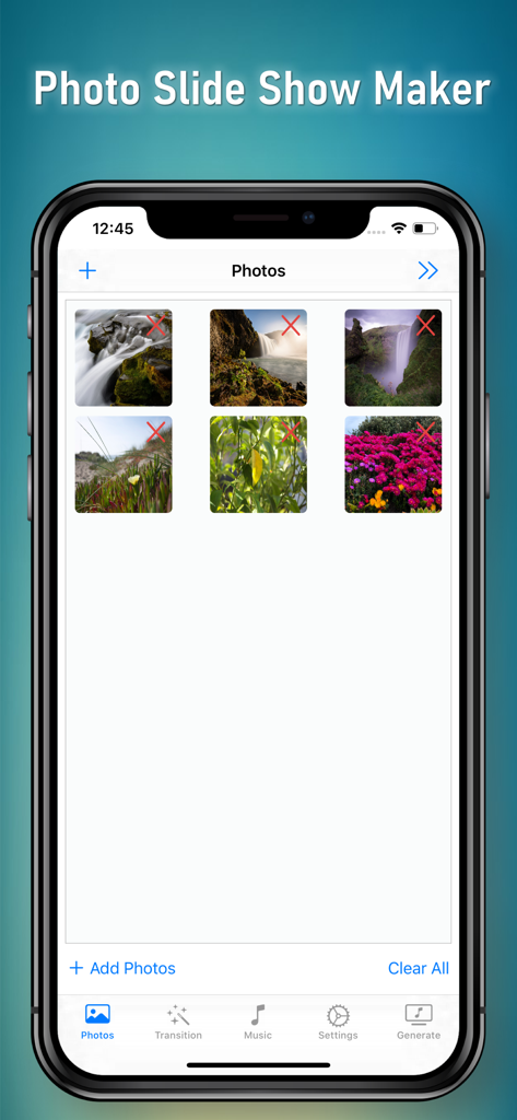 自然の画像グリッドを特徴とするSlide Show Makerアプリの写真選択画面