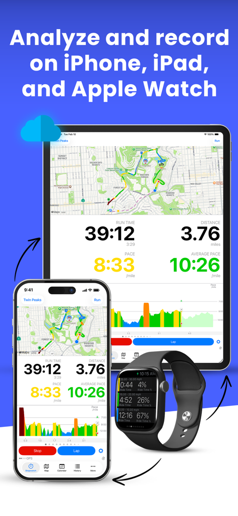 5K Runmeter Run Walk Training - 5K Runmeter app dashboard on iPhone iPad and Apple Watch showing running stats and maps