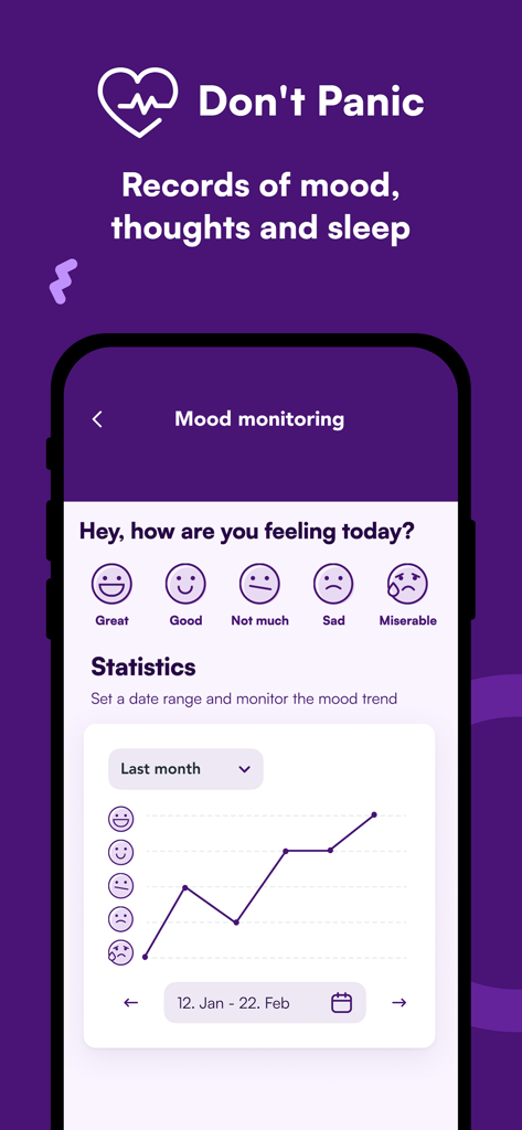 Mood monitoring interface of the Don't Panic app showing emotion selection icons and a monthly trend graph.
