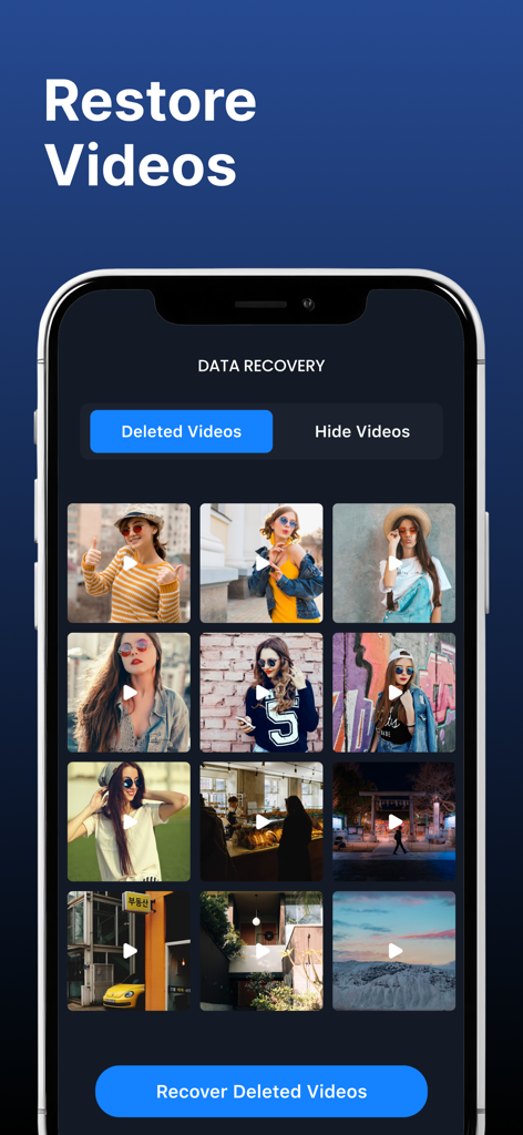 DiskDigger Photo Recovery. - Interfaz de la aplicación móvil DiskDigger mostrando una cuadrícula de vídeos borrados con un botón de recuperación