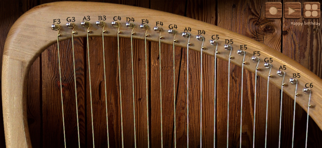 Lyre Harp Real - Digital 19-string lyre harp simulation interface with musical note labels on a wooden background