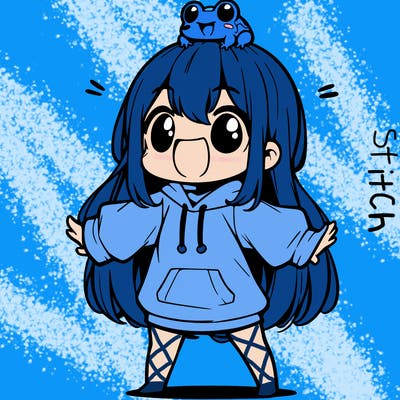 a excited chibi girl whith long hair and a baggy shirt whith a frog on there head