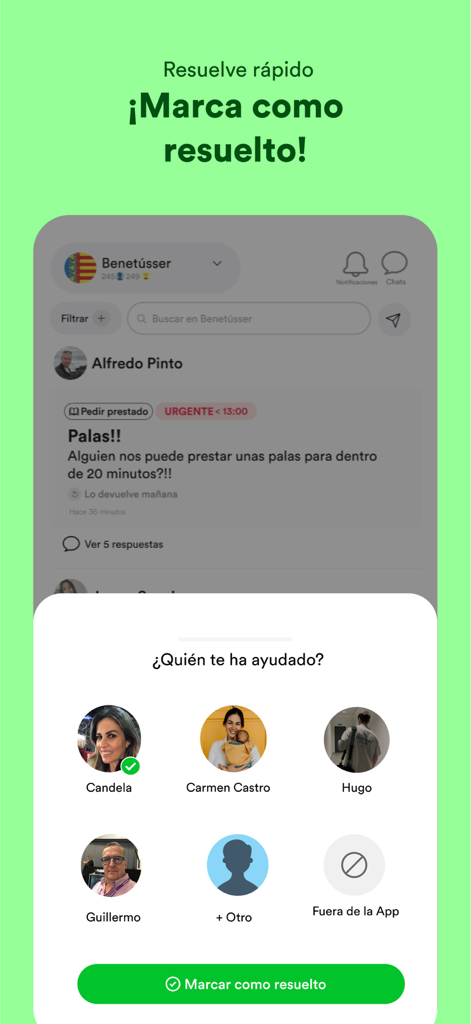 Nidit - Nidit app screen showing the Mark as Resolved feature to acknowledge community help from neighbors.