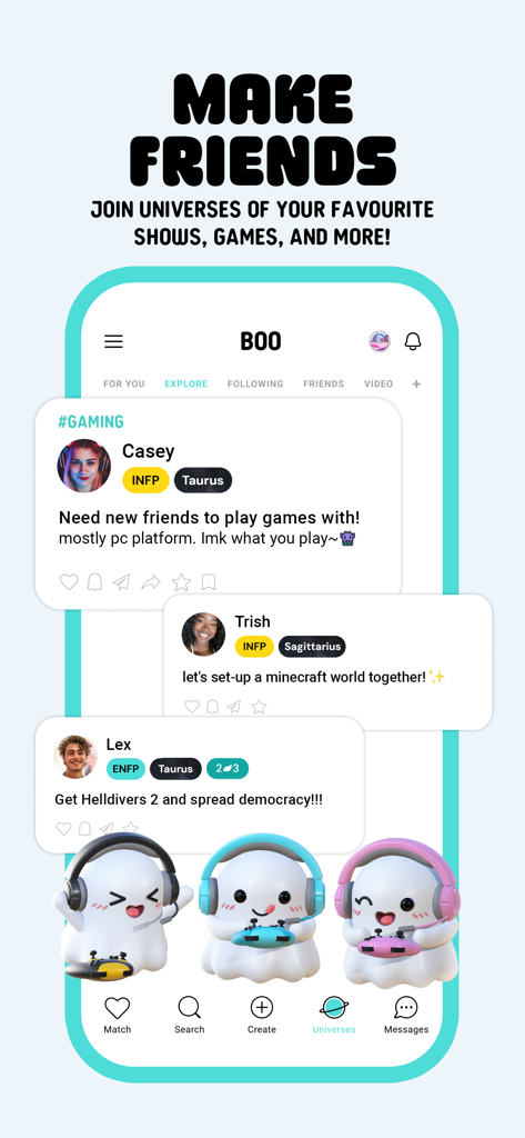 Interface of the Boo app showing user posts in a gaming community with personality types and cute ghost characters.