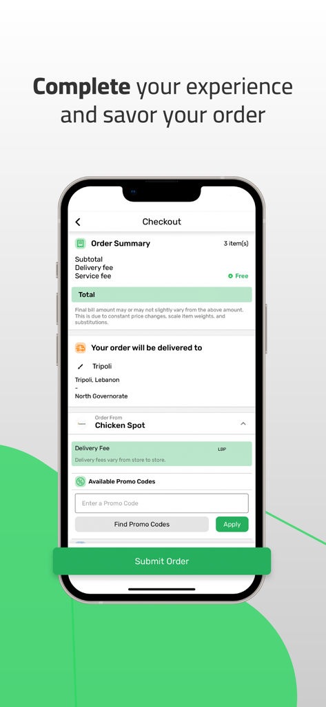 markit app - Ecrã de finalização de compra da aplicação Markit a mostrar um resumo do pedido e endereço de entrega em Trípoli, Líbano