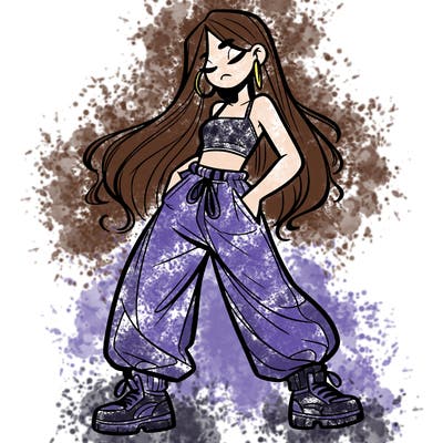 girl in baggy pants crop top and long hair