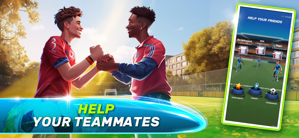 Soccer Clash: Football Game - Dos jugadores de fútbol dándose la mano con una pantalla de juego de regalos sociales.