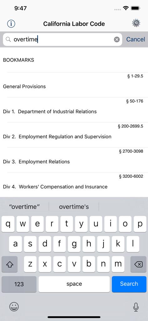 CA Labor Code 2026 - Search screen of the California Labor Code app showing legal sections and search bar