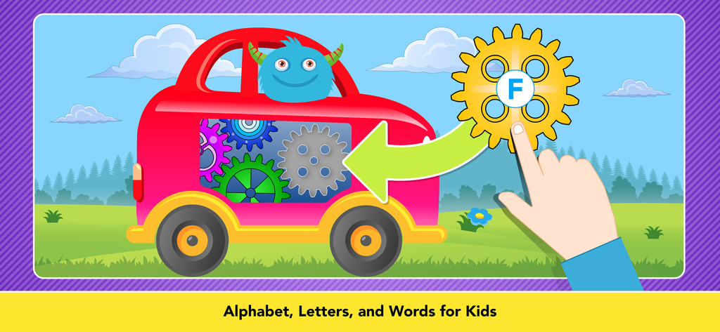 A preschool learning game showing a red car and a gear with the letter F