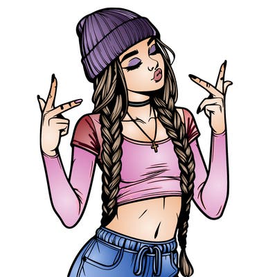 realistic teenage girl with braids and a beanie and crop top doing 🫶🏼