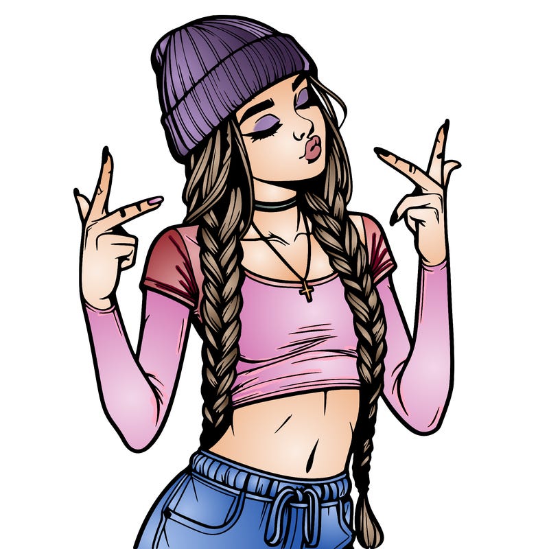 realistic teenage girl with braids and a beanie and crop top doing 🫶🏼