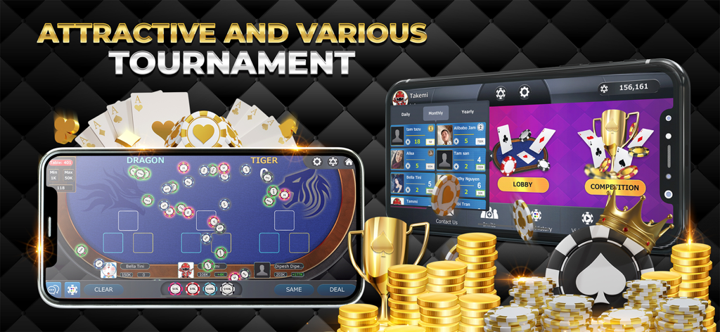 Dragon Tiger Online Casino - La aplicación Dragon Tiger Online Casino muestra la interfaz del juego y las funciones del torneo en pantallas móviles con monedas de oro y recompensas.