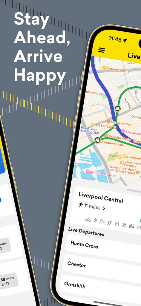 Merseyrail mobile app screen displaying a railway map and live train departures