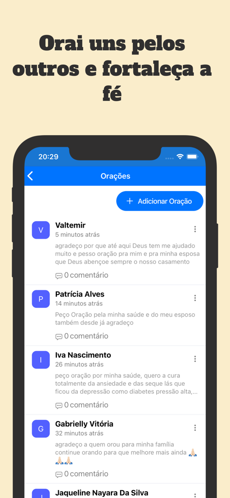 Harpa cristã com áudio: Hinos - Interface do aplicativo Harpa Crista mostrando uma lista de pedidos de oração da comunidade em português