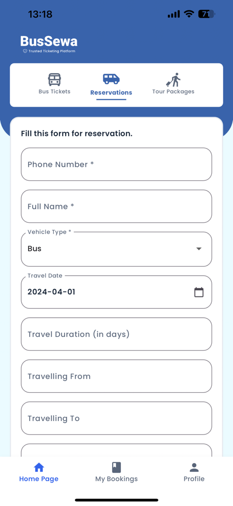 BusSewa - BusSewa mobile app reservation form for booking bus tickets and tours in Nepal