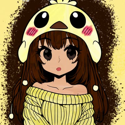 anime girl with chick shaped hat with sweater with bare shoulders with bangs covering them one eye with low tail