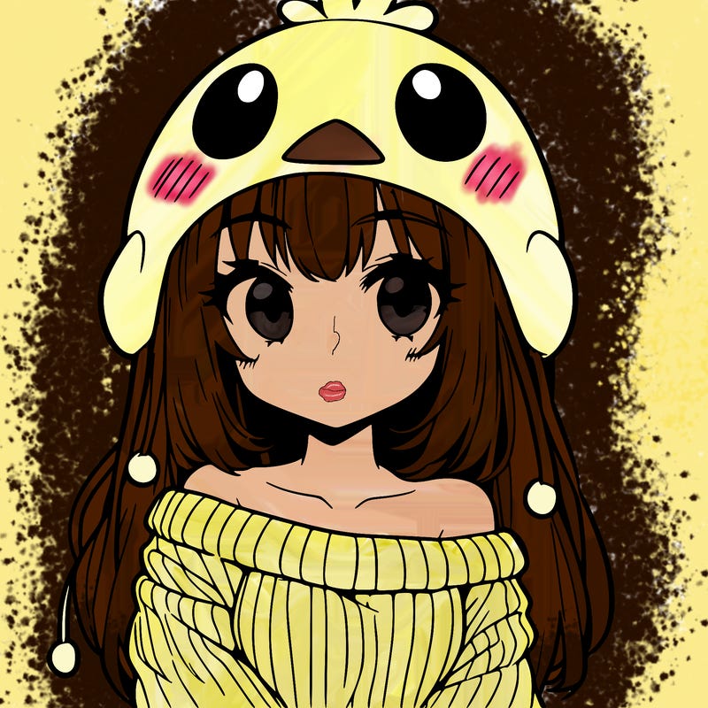 anime girl with chick shaped hat with sweater with bare shoulders with bangs covering them one eye with low tail