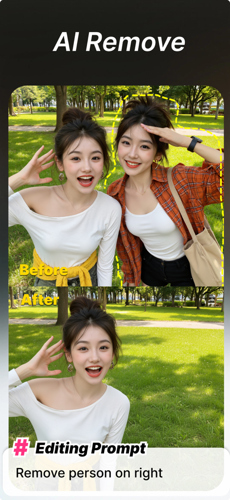 Fotee - 视频转照片高清截图实况截取视频抽帧截图 - Before and after demonstration of removing a person from a park photo using Fotee AI text prompt