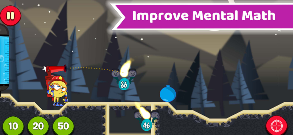 Math Rescue: 7－9 Year Old Game - A firefighter character in the Math Rescue game solving rounding problems to extinguish forest fires.