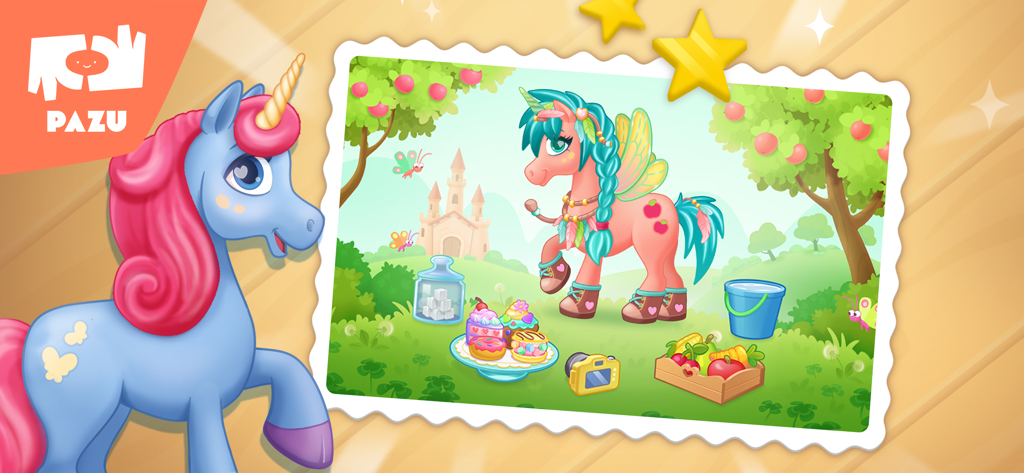 Magical Unicorn World - A colorful scene from Magical Unicorn World featuring a customized pink winged unicorn in a meadow with treats and a castle
