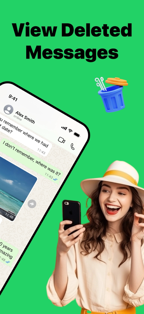 Watsapp Deleted Message Backup - A woman holding a phone next to an app screen displaying the view deleted messages feature