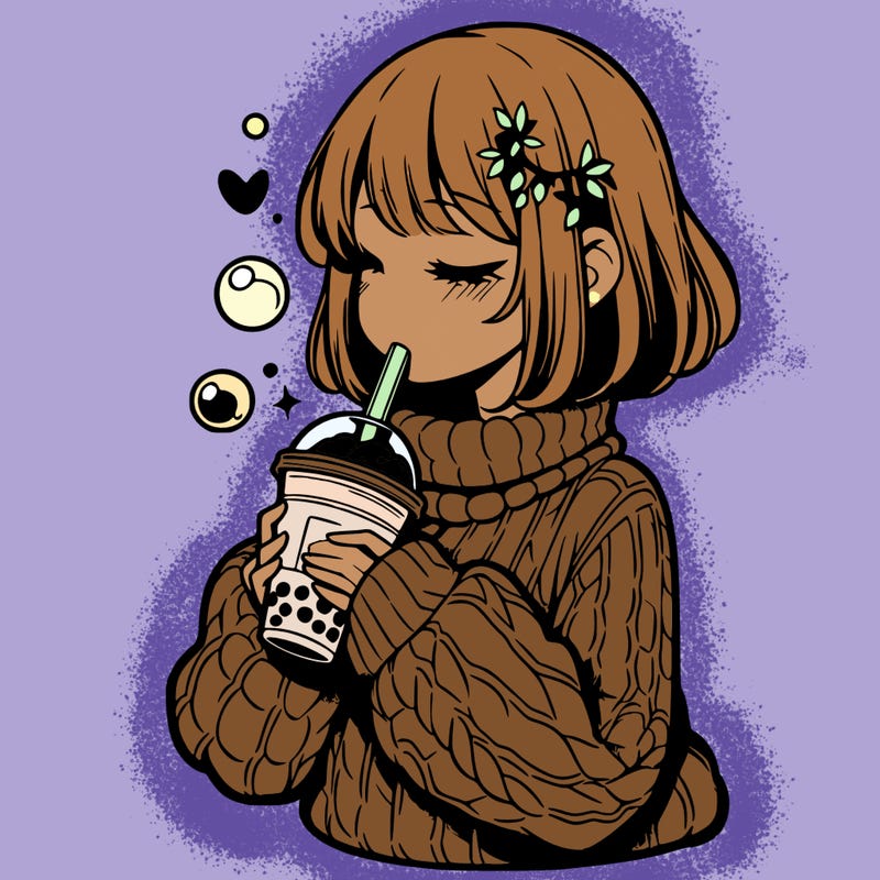 manga girl drinking boba in cozy sweater