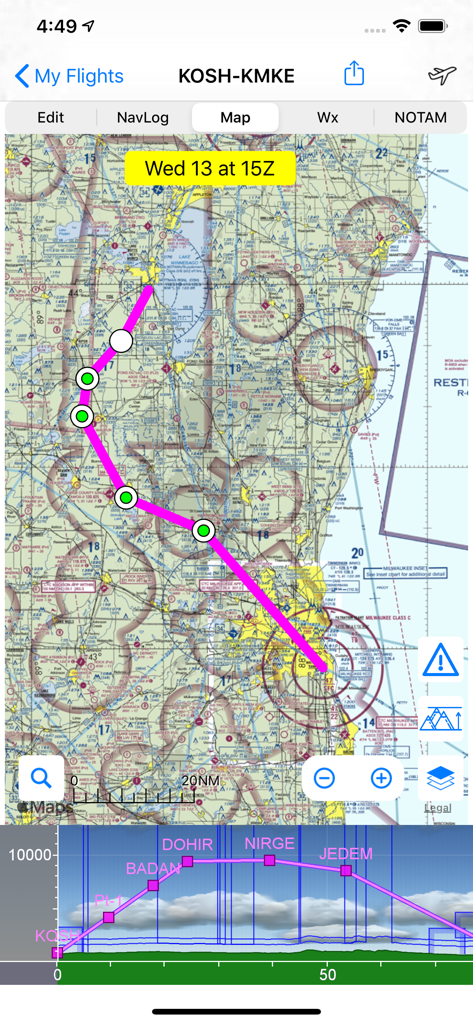 Airmate - Airmate app showing a flight route on an aeronautical sectional chart with a vertical profile view