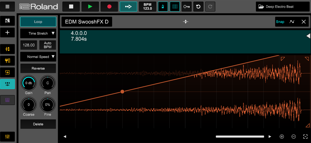 Roland Zenbeats - Roland Zenbeats mobile app audio waveform editor interface with gain and pan controls