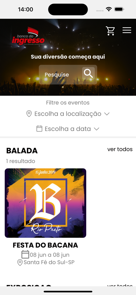 Pantalla de inicio de la aplicación Banca do Ingresso mostrando una barra de búsqueda de eventos y una lista para un evento de fiesta.