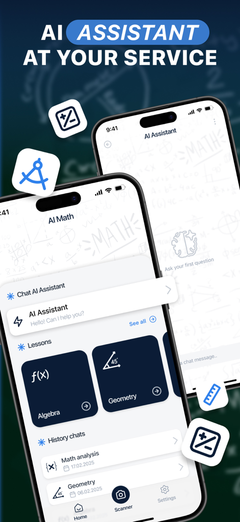 Interfaz de la aplicación móvil Asistente Ayudante Matemático IA que muestra lecciones de matemáticas y funciones de chat
