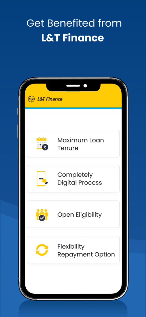 L&T Finance PLANET - Loan App - Mobile screen of L&T Finance PLANET app showing benefits like digital process and flexible repayment options