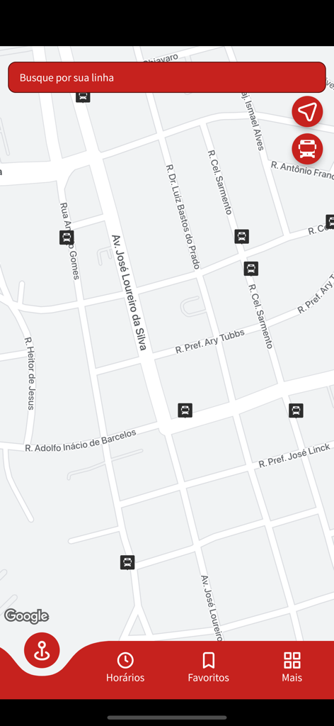 Uma tela de mapa do aplicativo SOGIL Linhas exibindo ícones de pontos de ônibus e uma barra de pesquisa para linhas de transporte.
