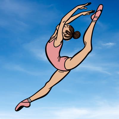 gymnast doing a leap in a leotard with a bent back leg