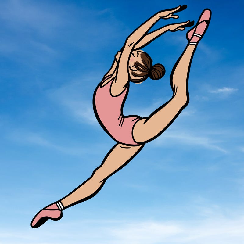 gymnast doing a leap in a leotard with a bent back leg