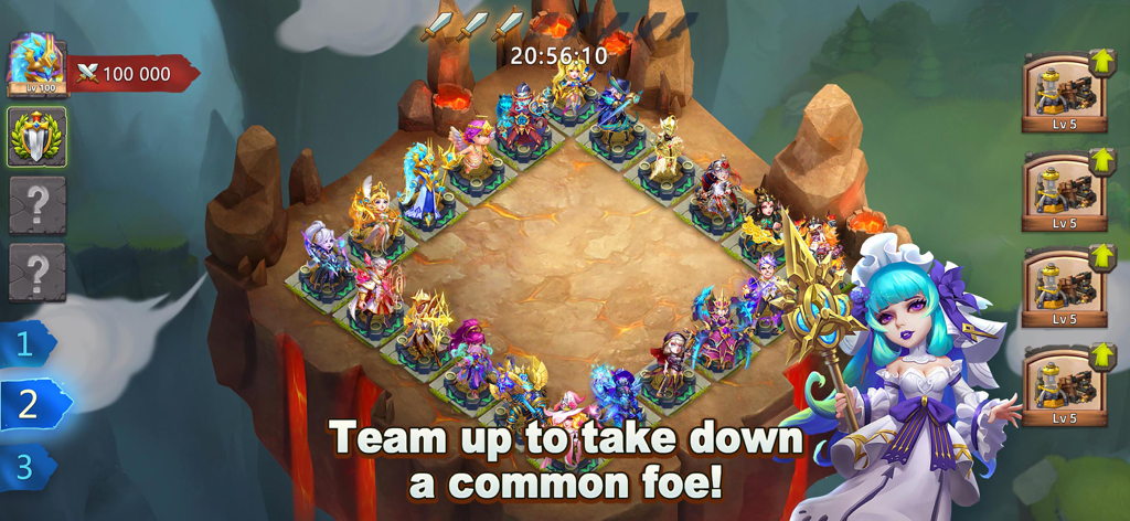 Un grupo de héroes reunidos para una batalla en equipo en Castle Clash World Ruler