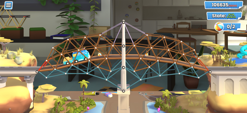 Bridge Constructor Studio - Ein blauer Lieferwagen überquert eine detaillierte Holzfachwerkbrücke in einer 3D-Diorama-Umgebung