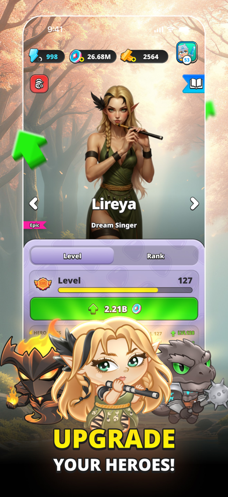 Mystique Fusion – Idle Clicker - Hero profile and upgrade interface for character Lireya in the Mystique Fusion mobile game