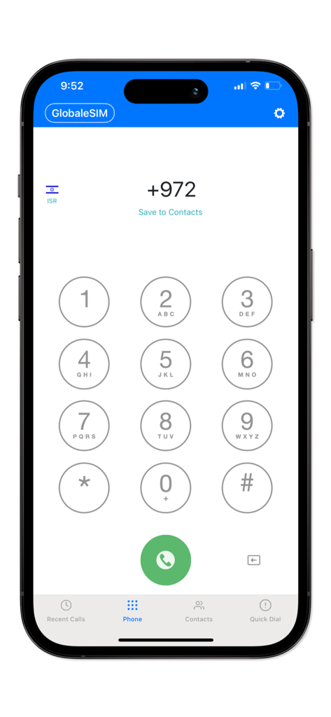 GlobaleSIM - Pantalla del marcador de la aplicación GlobaleSIM con un teclado numérico y opción de llamadas internacionales