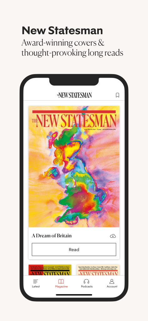 New Statesman Magazine - The New Statesman Magazine mobile app displaying a colorful cover illustration titled A Dream of Britain