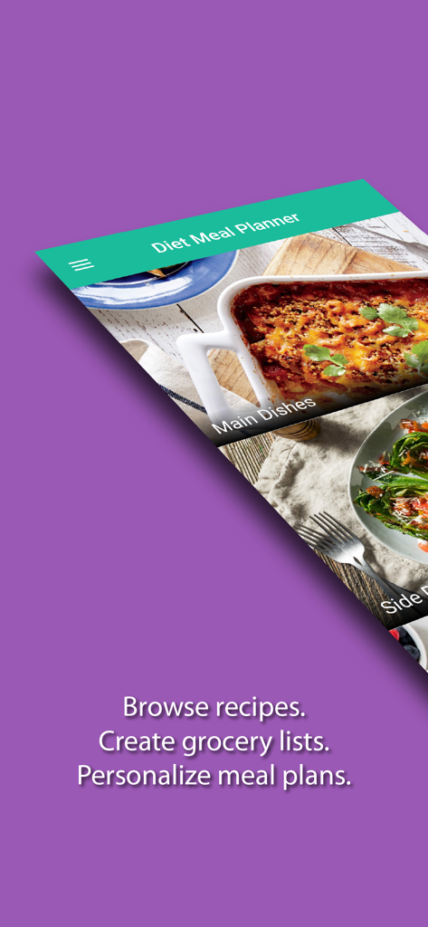 Diet Meal Planner - Diet Meal Planner mobile app interface showing recipe categories and key features