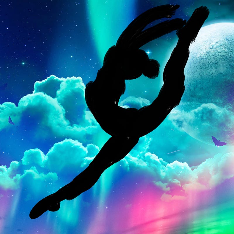gymnast doing a leap in a leotard with a bent back leg