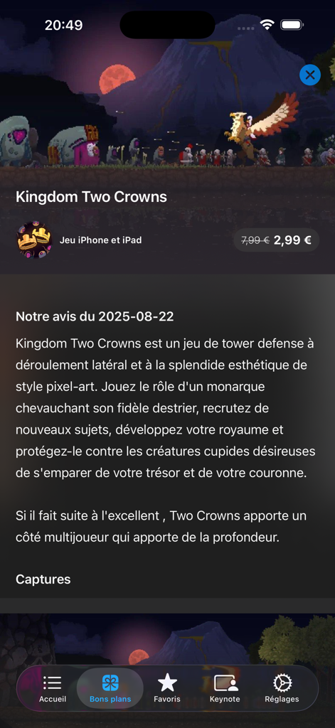 iSoft : the french blog - 게임 Kingdom Two Crowns의 리뷰 및 특별 할인을 보여주는 iSoft 앱 인터페이스.