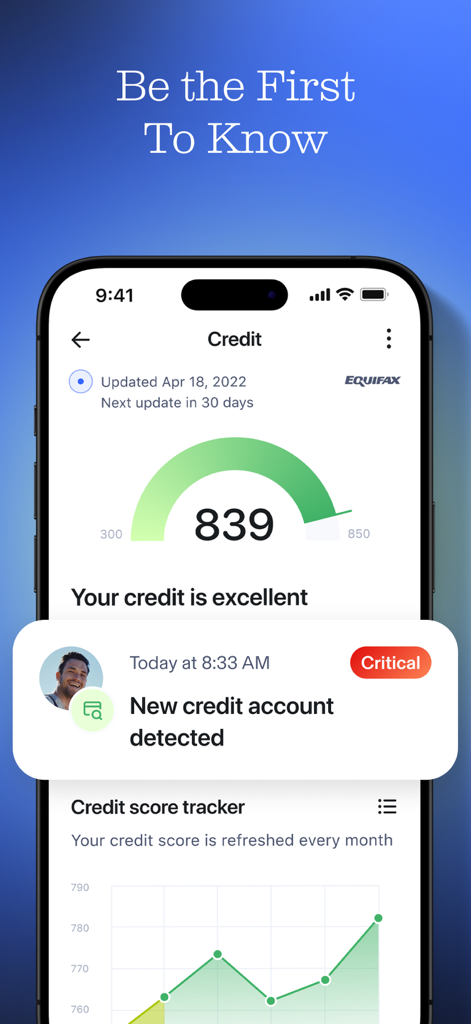 Aura app interface displaying an excellent credit score and a critical alert for a new account detection