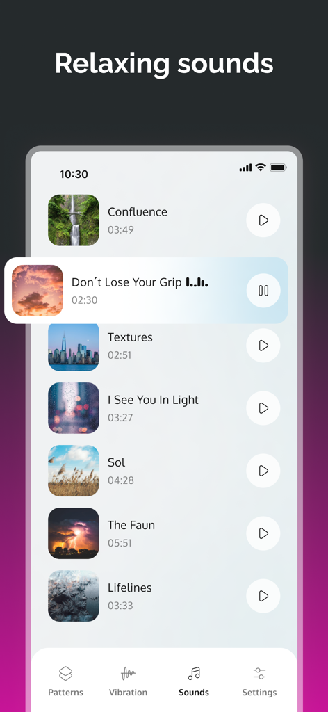 A library of relaxing sounds within the Strong Vibes app interface for stress management.
