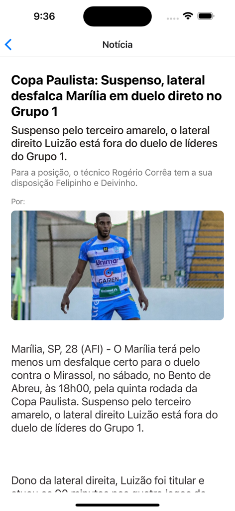Placar FI - Futebol Interior - Una pantalla de noticia en la aplicación Placar FI que muestra una historia sobre un jugador de fútbol de la Copa Paulista.