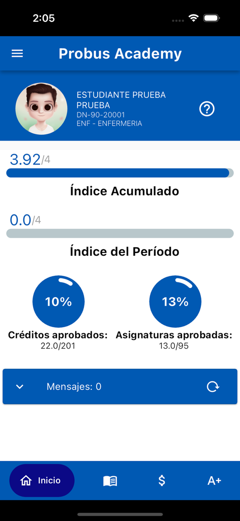 UFHEC Probus Academy app student dashboard showing academic index and progress for nursing student