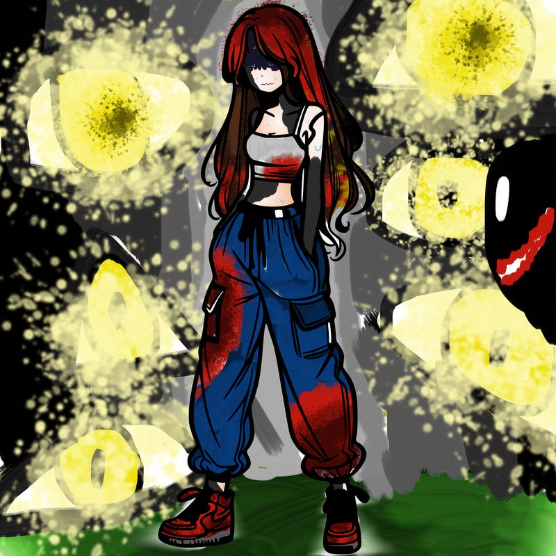 girl in baggy pants crop top and long hair